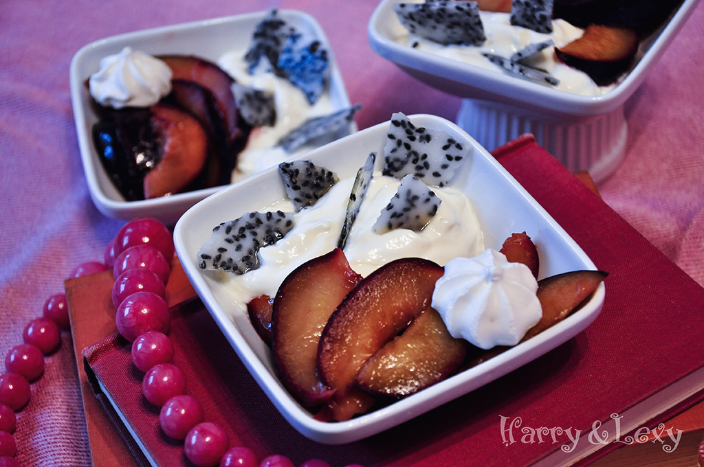 Plum Yogurt Dessert With Meringues and Black Sesame Seeds